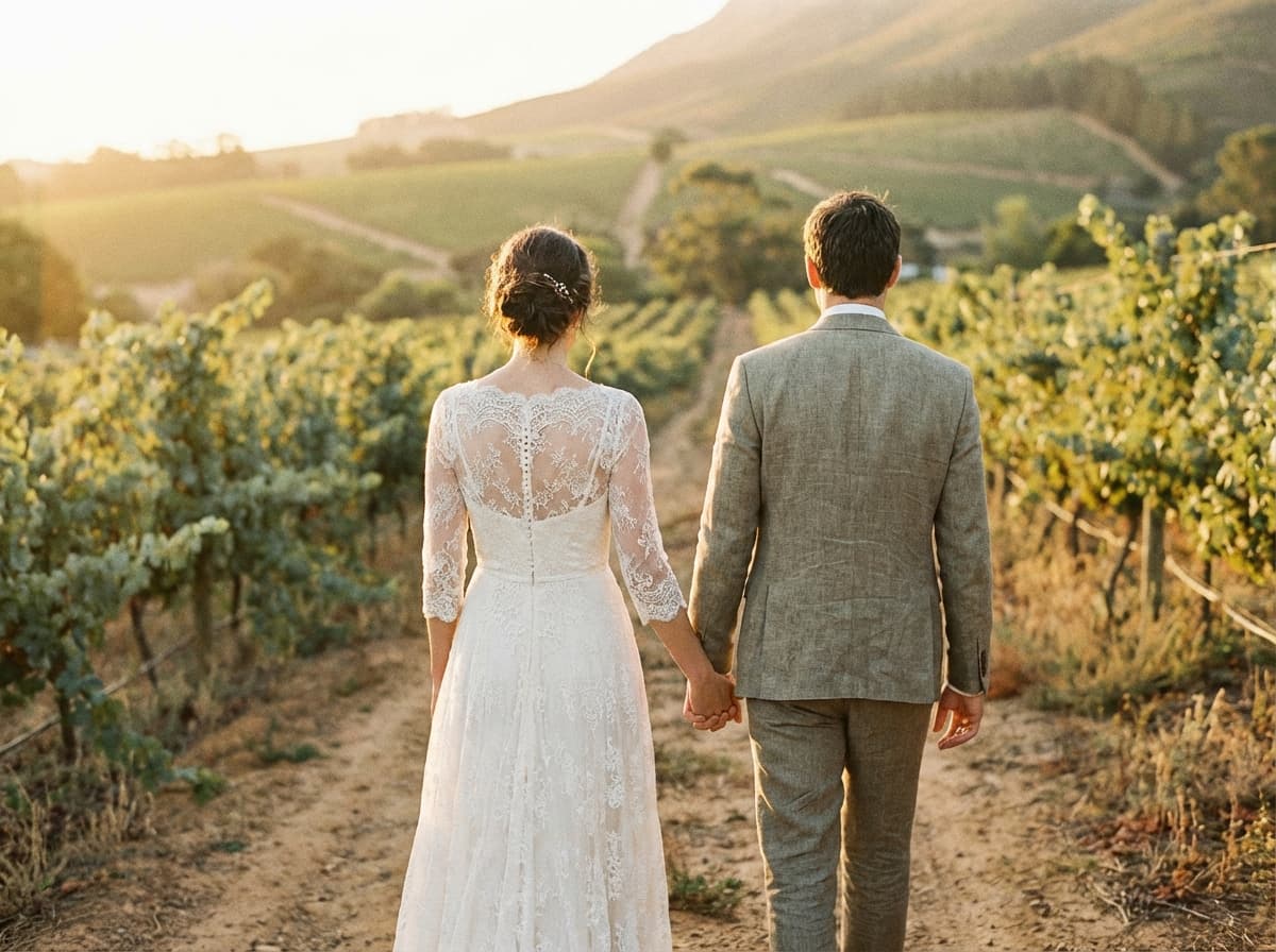 A bride in a long-sleeved lace gown and a groom in a linen suit, seen from behind, walking hand in hand between rows of vines at sunset
