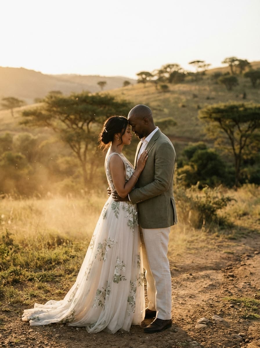 A couple at golden hour, foreheads touching on a dirt path, one in an ivory gown with green floral embroidery and the other in an olive jacket and cream trousers, with flat-topped trees and grassy hills behind them