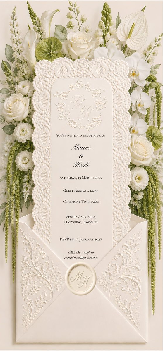 Digital wedding invitation for Matteo and Heidi: a lace-edged ivory card among white roses and orchids