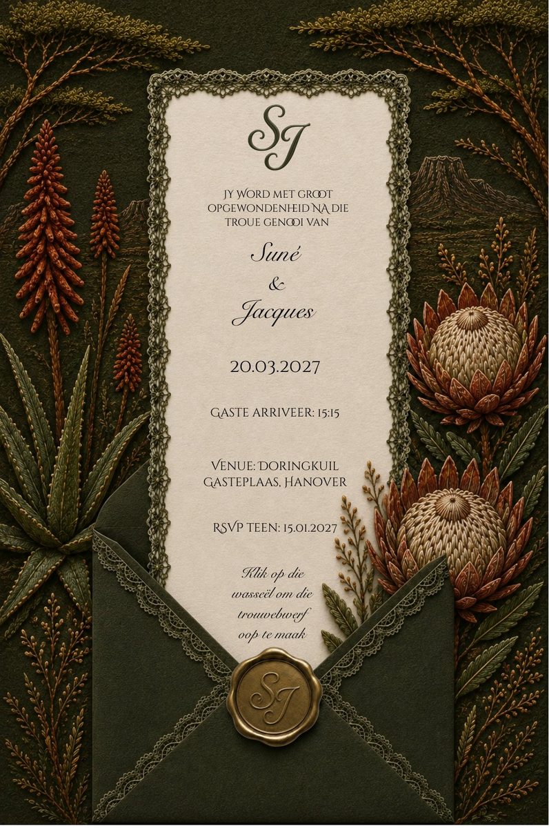 Digital wedding invitation for Suné and Jacques, written in Afrikaans, with embroidered aloes and proteas around a lace-framed card and a gold wax seal