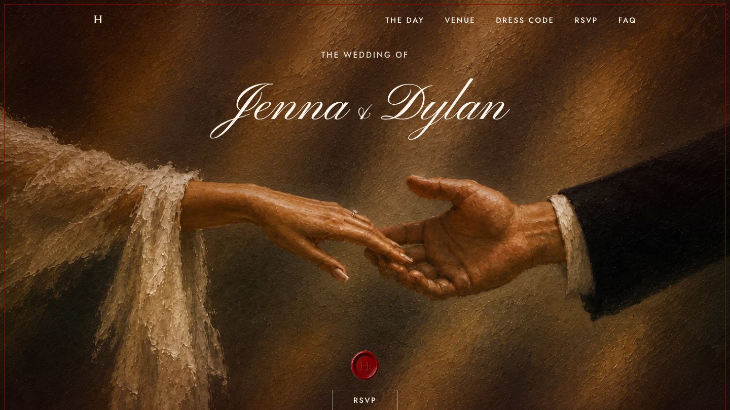 Custom wedding website for Jenna and Dylan: their names in script over an oil painting of two hands reaching for each other, with a red wax seal and an RSVP button
