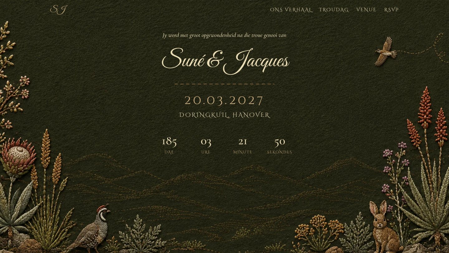 Custom wedding website for Suné and Jacques: their names in script over dark olive linen embroidered with proteas, aloes, a quail, a hare, and stitched hills, with a countdown to the wedding